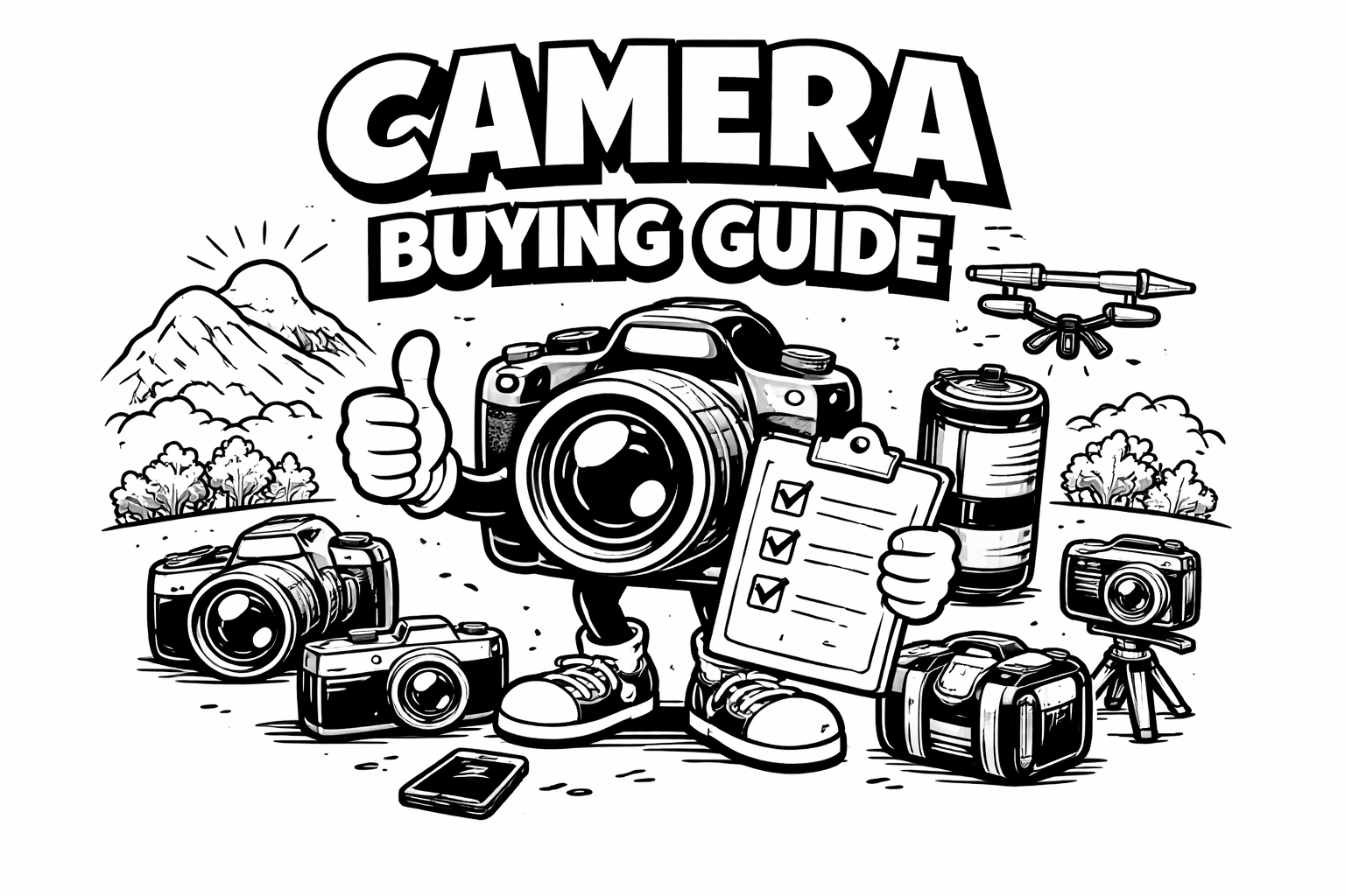 cartoon camera buying guide cover with DSLR character and photography gear