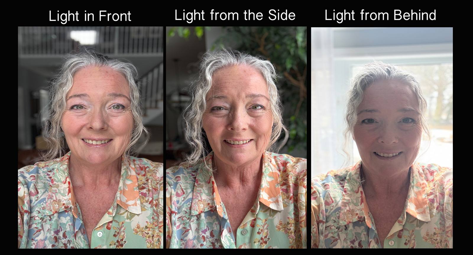 beginner photography example showing front, side and backlighting on subject.