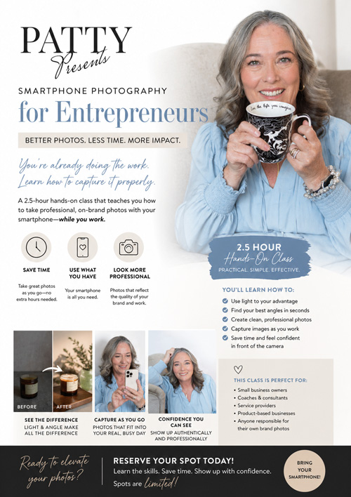 patty teaching smartphone photography to entrepreneurs using natural light and simple techniques
