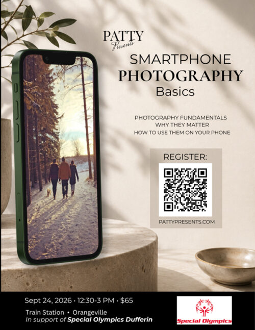 Smartphone Photography Basics workshop poster featuring a smartphone with a winter landscape photo. September 24, 2026, at the train station in Orangeville. in support of special olympics Dufferin.